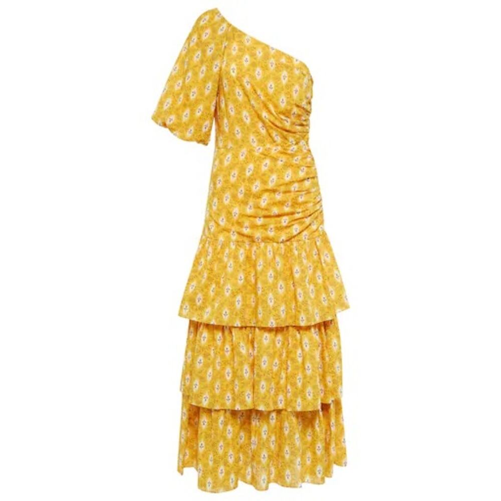 Veronica Beard Virginia Sun Yellow One Shoulder Floral Tiered Maxi Dress Size 16 - Picture 4 of 16